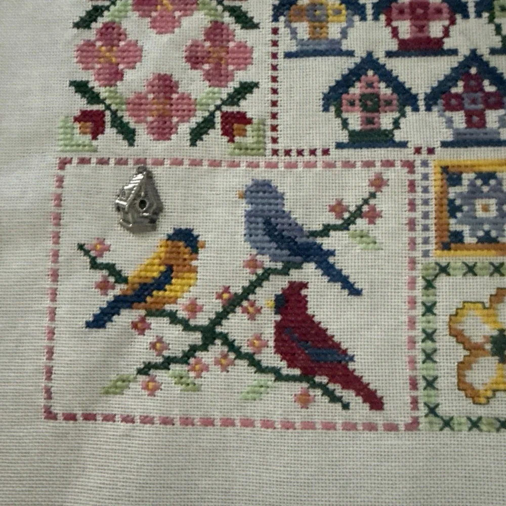 Vtg Completed Cross Stitch Quilt Style 13x9 Granny Core‎ Bird House Floral